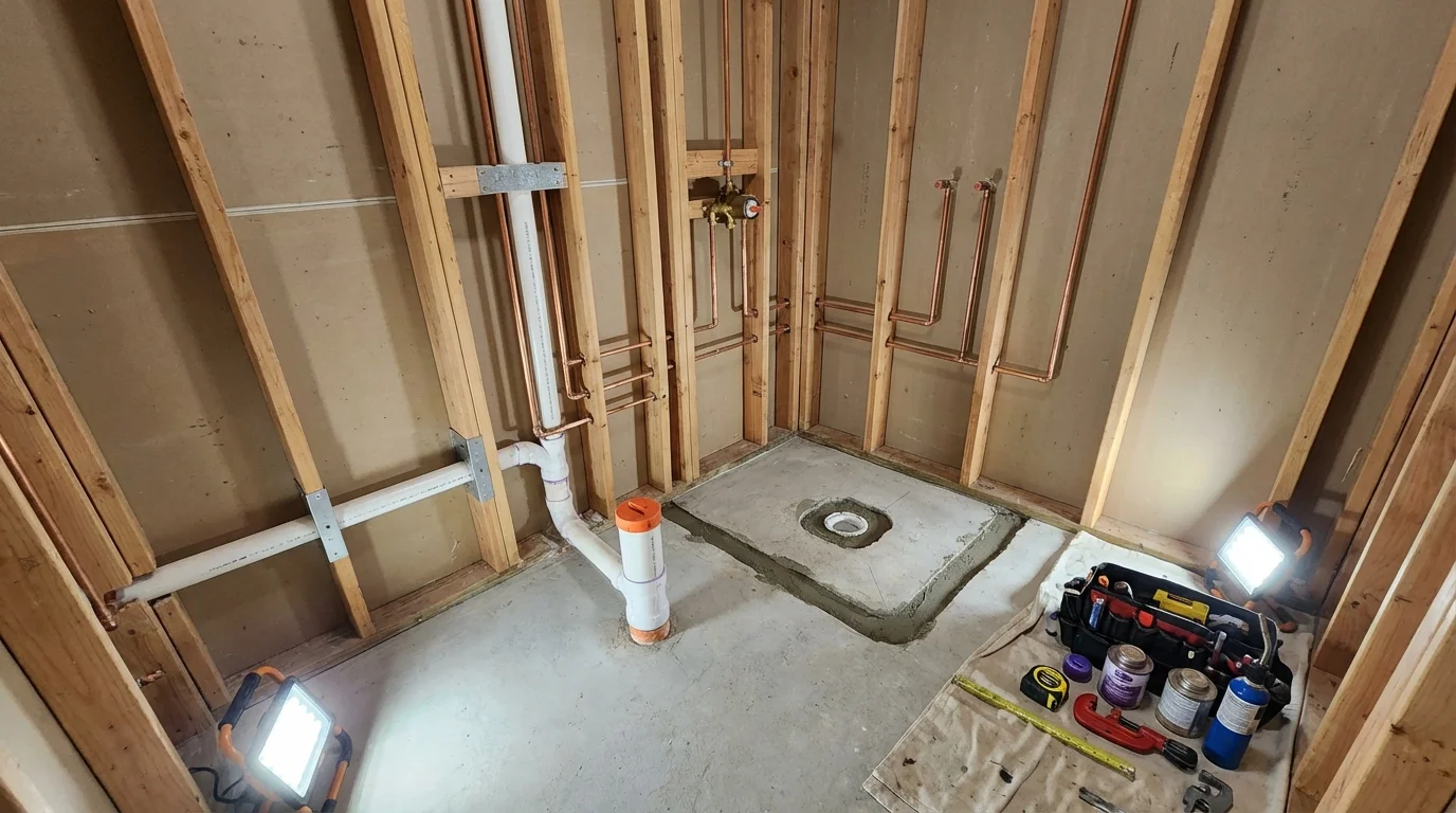 Bathroom rough-in plumbing during remodel by Johns Plumbing LLC in West Sayville