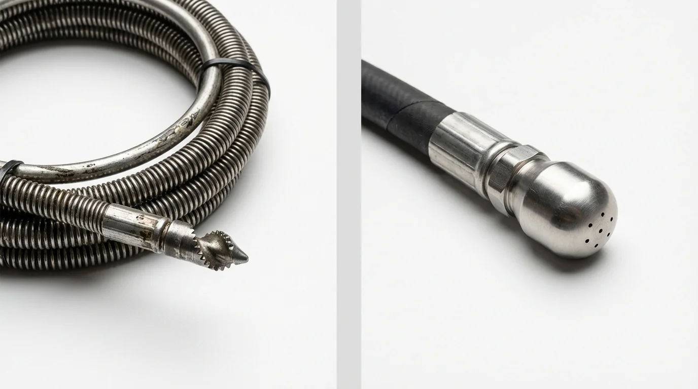 Drain snake cable and hydro jetting nozzle used for drain cleaning in West Sayville, NY