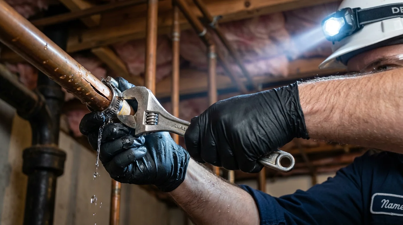 Emergency pipe clamp repair being performed by a Johns Plumbing LLC plumber in West Sayville