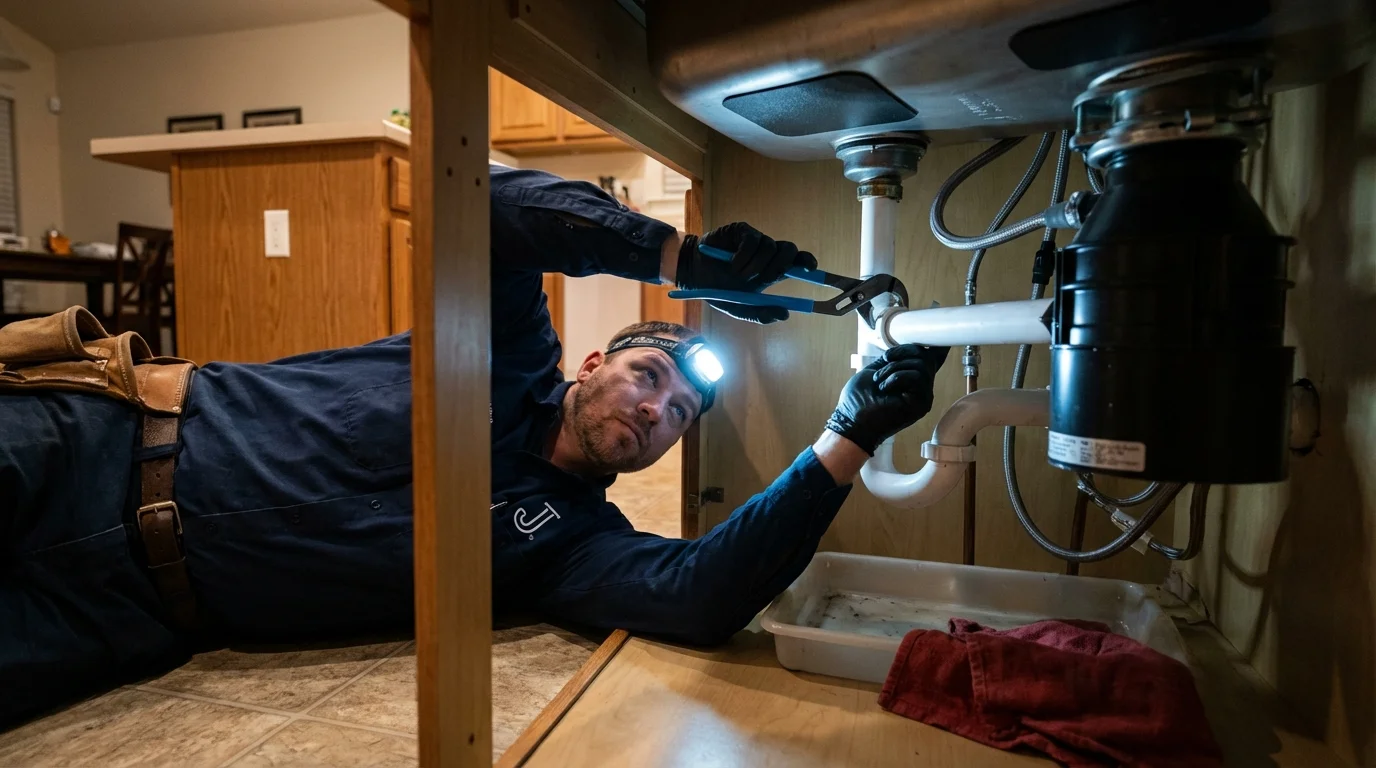 P-trap and supply line connections under a kitchen sink showing a common leak point in West Sayville, NY